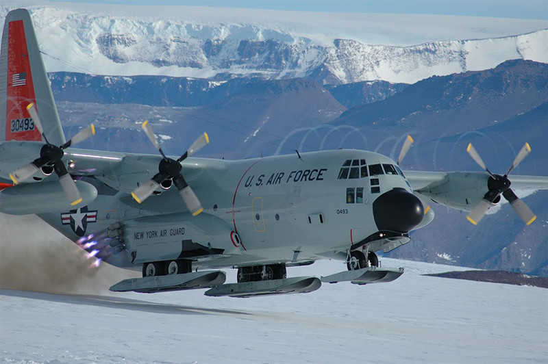 An LC-130 flown by the New York Air National Guard takes off from the Shackleton Glacier in Antarctica