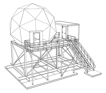 Wireframe drawing of the South Pole Tracking Relay-2 (SPTR-2) satellite communications ground station.