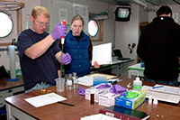 Researchers work in the laboratory aboard the research vessel Laurence M. Gould. Photo by Peter Rejcek, courtesy of the USAP Photo Library
