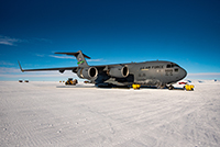 A C-17 cargo plane at Phoenex Airfield. Photo by Cody Johnson, courtesy of NSF/USAP Photo Library
