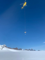 Antarctic ice penetrator air-drop testing in the Juneau icefields, Alaska. Photo by Parker Steen, MIT Haystack Observatory.
